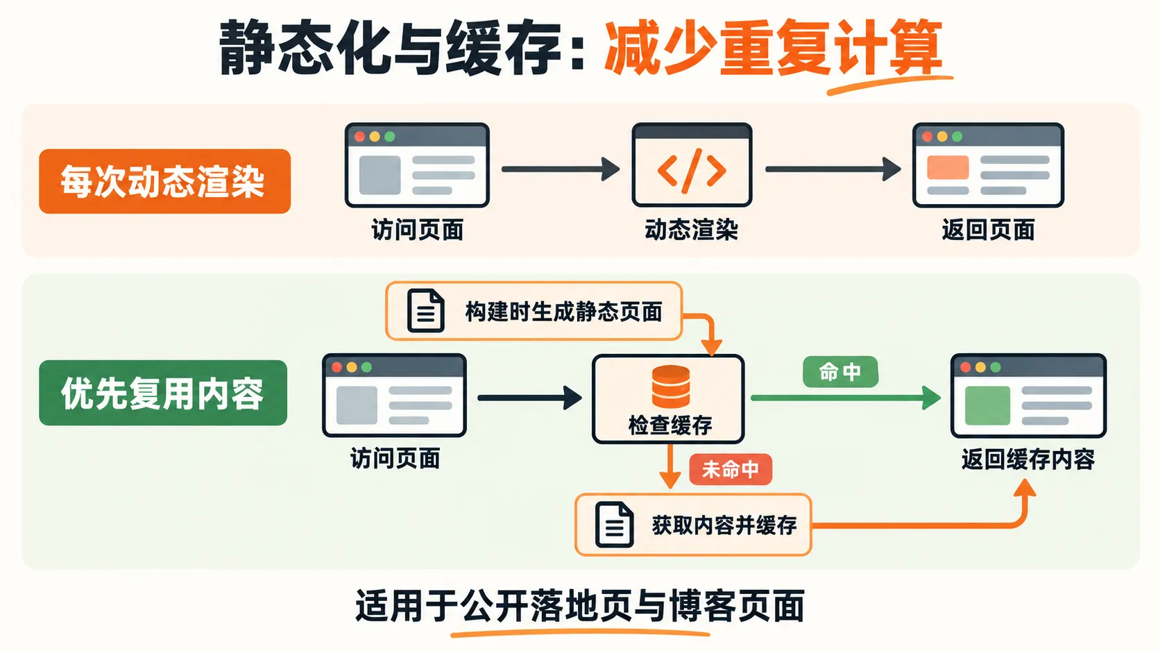 静态化与缓存流程:构建时生成静态页面,访问时优先复用缓存,未命中则获取内容并缓存