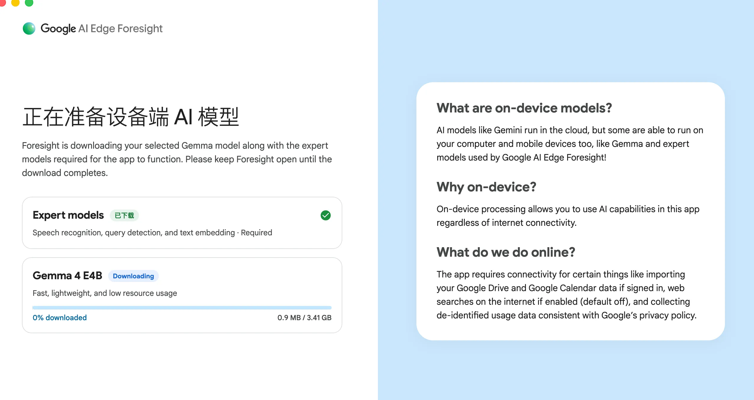 Google AI Edge Foresight 下载设备端 AI 模型的界面